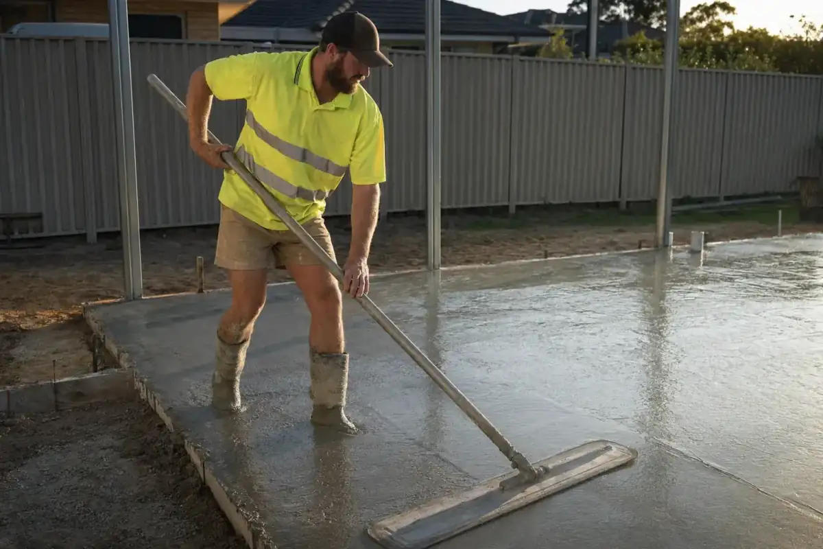 Newly poured residential shed slab in Perth with bull-float finishing pass underway