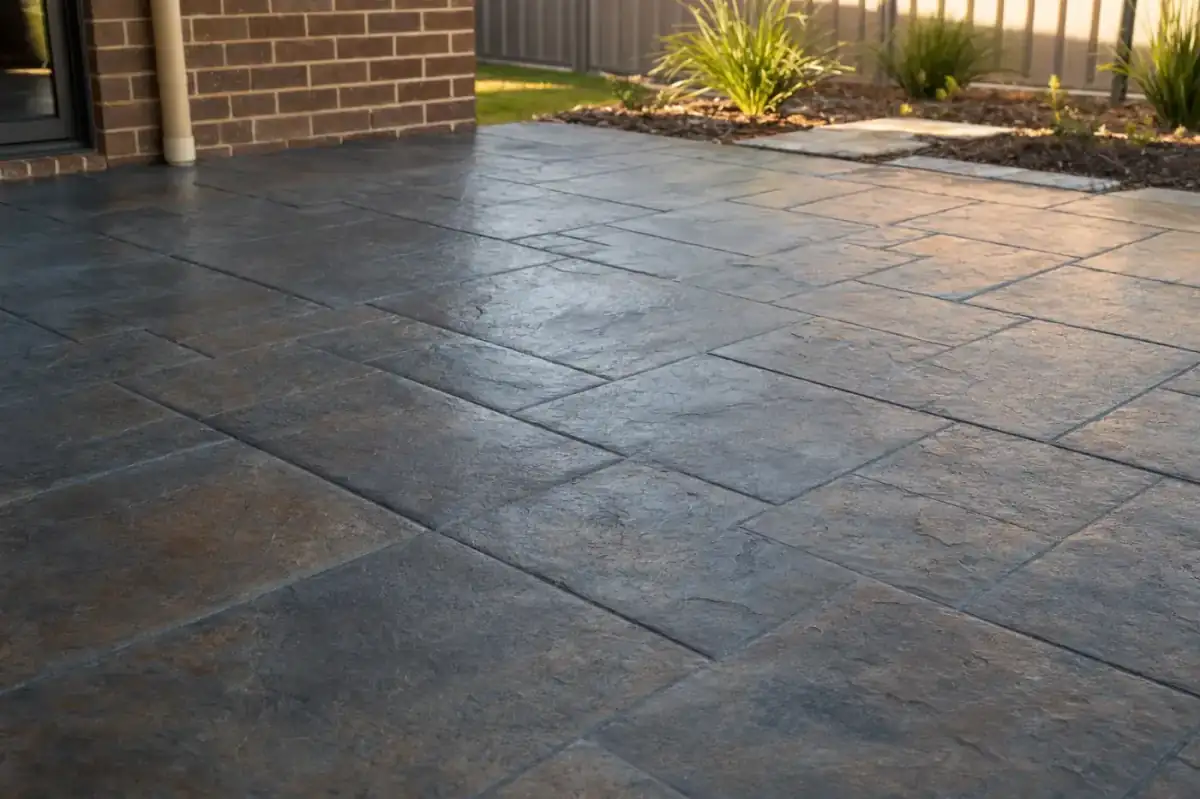 Stamped concrete with slate pattern finish on driveway, Perth decorative concreting